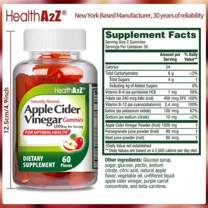 Apple Cider Vinegar Gummies 1000mg Extra Strength with B6, B12, Folic Acid, Pomegranate & Beet - Digestive Health, Clear Skin & Weight Support - Antioxidant ACV Gummies - 60 Count