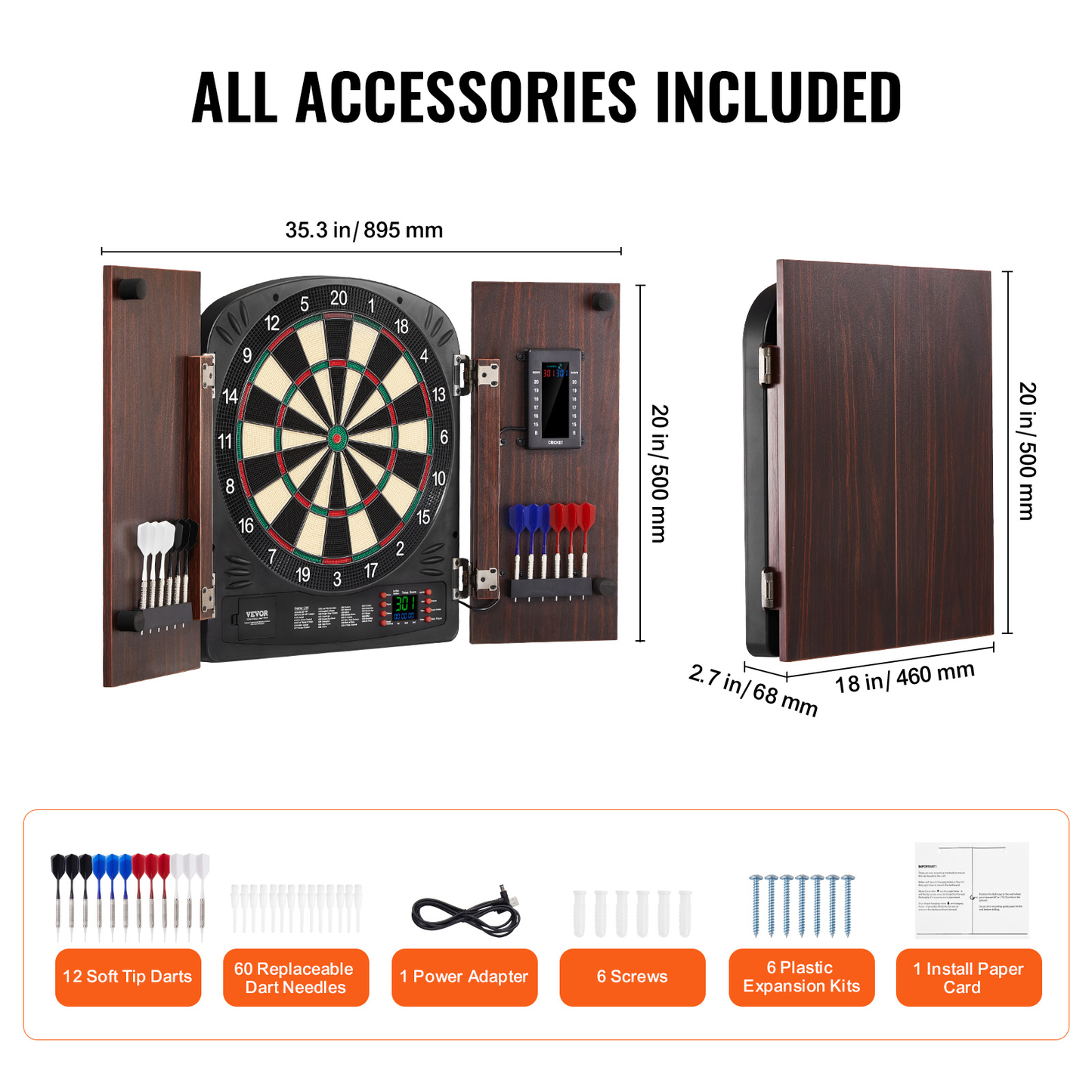 Electronic Dartboard Cabinet Set with LED Scoring – 13.5" Soft Tip, 40 Games 590 Variations, Retro Wood Cabinet, 1-8 Players, 12 Darts & All Accessories Included