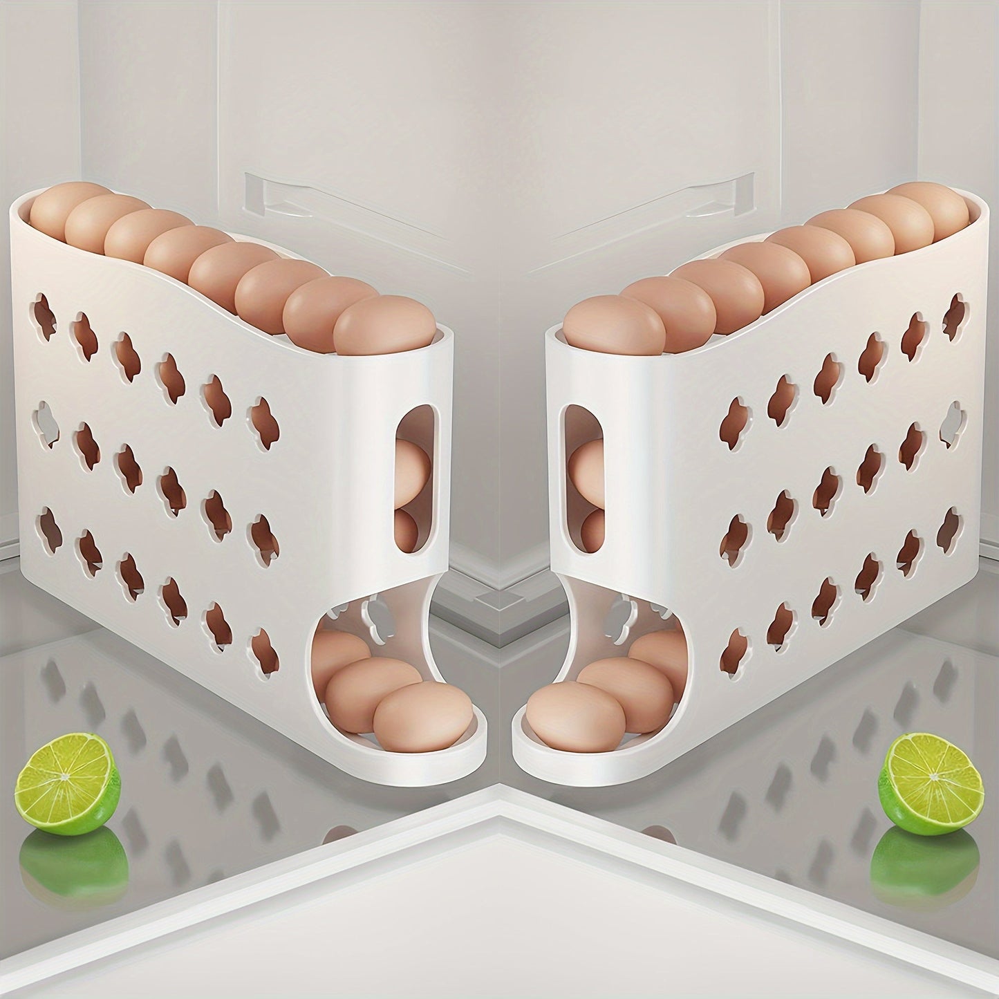 Egg Dispenser for Refrigerator, 4-Tier Automatic Rolling Egg Holder Rack – Space-Saving Egg Storage Organizer for Fridge, Kitchen Cabinet, Countertop and Table