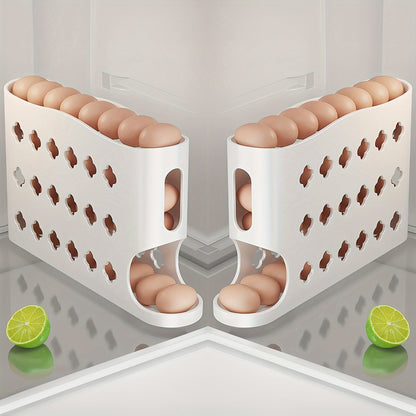Egg Dispenser for Refrigerator, 4-Tier Automatic Rolling Egg Holder Rack – Space-Saving Egg Storage Organizer for Fridge, Kitchen Cabinet, Countertop and Table