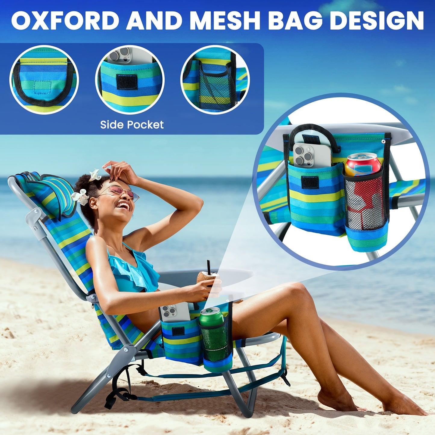 Folding Beach Chair Lay Flat Camping Chair for Adults 4 Position Adjustable Backpack Chair with Cup Holder Towel Bar Cooler Pouch Lightweight Portable Outdoor Lounge Chair