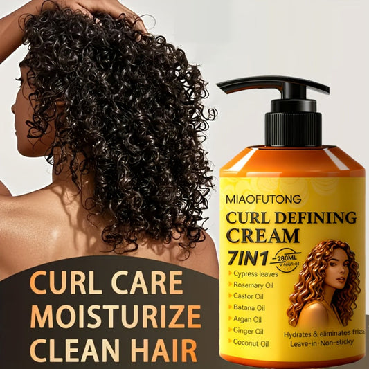 7-in-1 Botanical Curl Cream 280ml – Deep Moisture Curl Defining Cream with Argan, Rosemary, Castor & Coconut Oil, Anti-Frizz Long-Lasting Volume for Wavy Curly Coily Hair