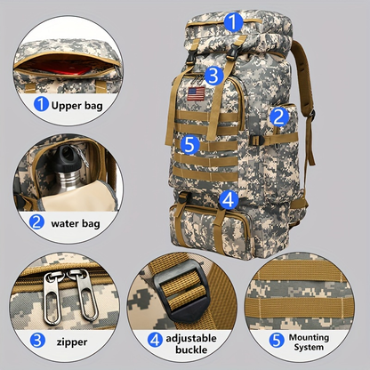 Military Hiking Backpack 80L – Tactical 3-Day Assault Pack Oxford Fabric DIY System for Camping Hunting Travel Unisex