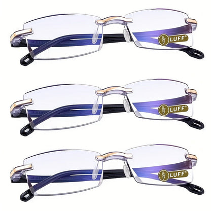 Rimless Reading Glasses for Women 3 Pack - Blue Light Blocking Lightweight Metal Frameless Readers with Anti Eyestrain Lenses, Multiple Colors and Magnifications 1.0X to 4.0X