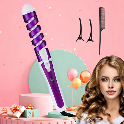 Automatic Spiral Curling Iron 360° Electric Hair Curler - Auto Rotating Curl Wand, Lightweight & Portable, Easy to Use, Includes 2 Clips & 1 Comb, Gift for Women, Pink, Purple, Blue