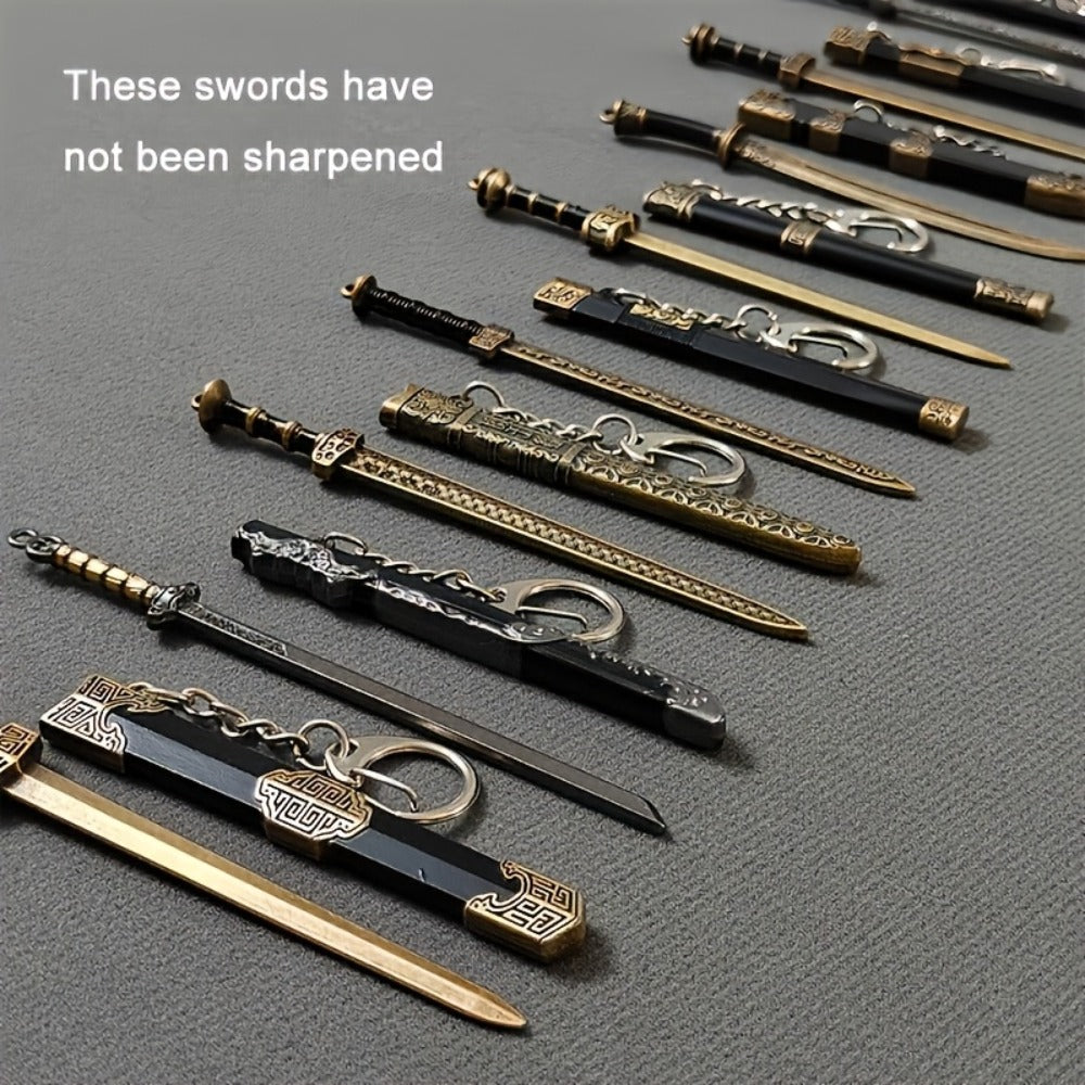Miniature Metal Swords Set 7pcs Ancient-Inspired Collectible Pendant with Sheath – Military Theme Durable Metal Mini Sword Toy Gift for Anime Game Enthusiasts Ages 14+