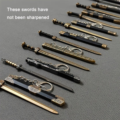 Miniature Metal Swords Set 7pcs Ancient-Inspired Collectible Pendant with Sheath – Military Theme Durable Metal Mini Sword Toy Gift for Anime Game Enthusiasts Ages 14+