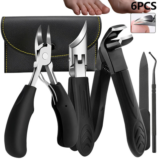 Nail Clippers Set 6 Piece Heavy Duty for Thick Toenails & Ingrown Nails – Ultra-Wide Slanted Blades Toenail Lifter Nail File Large Cutter, Ergonomic Pedicure Kit for Men Seniors