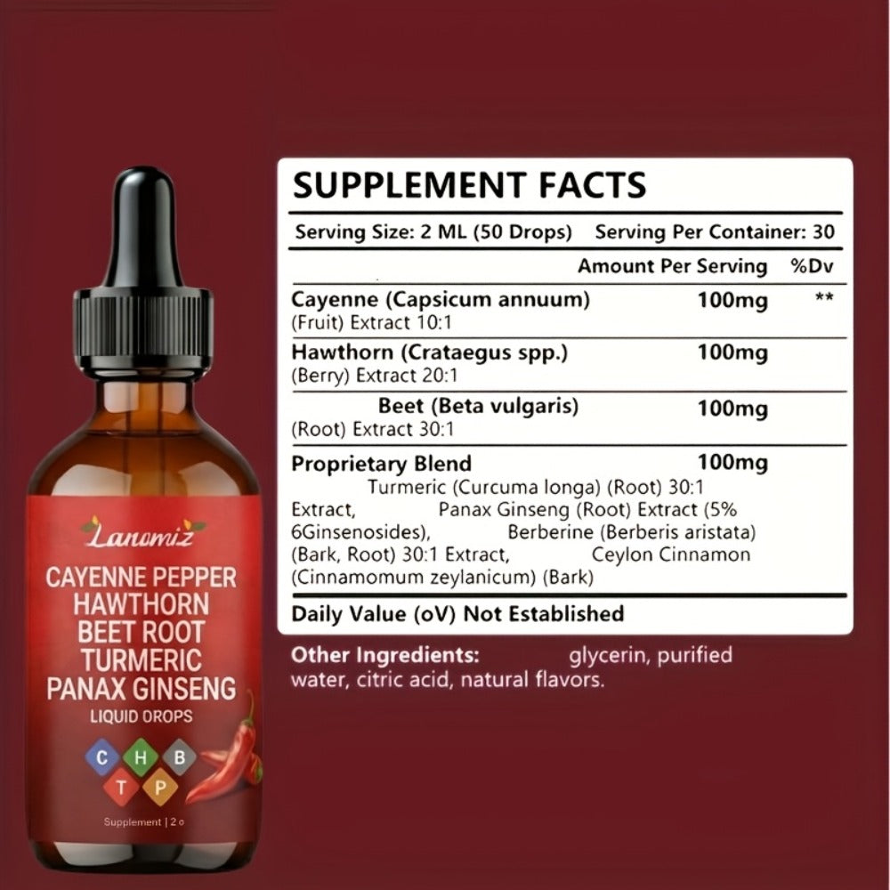 Cayenne Pepper Liquid Drops 2fl oz All-in-One Formula with Beet Root Turmeric Hawthorn Ginseng Ceylon Cinnamon - Daily Circulation Energy Heart Health Supplement Allergy-Friendly Unisex