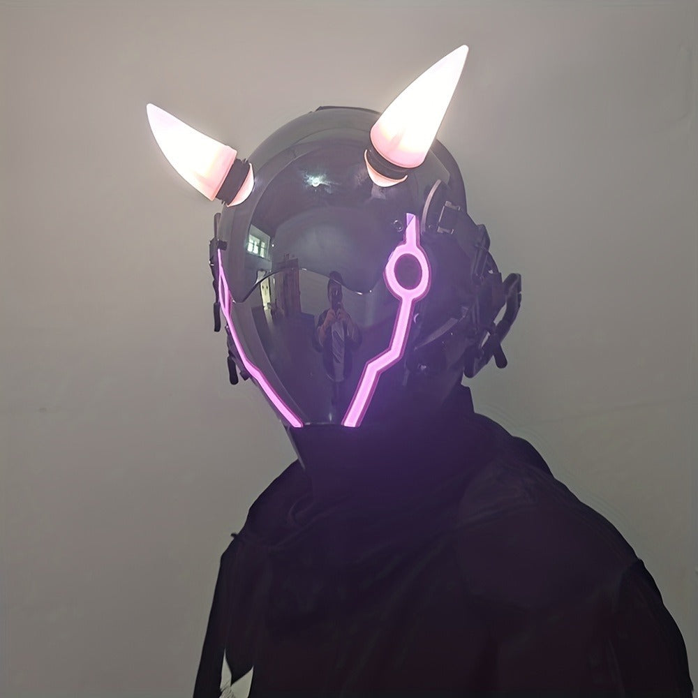 Electric Pink Punk Cosplay Mask with Helmet – Battery-Powered LED Full Face Mask for Halloween, Christmas, Easter, Rave Music Festival & Party, Unisex Adult Costume Prop, Cool Gift for Men & Women
