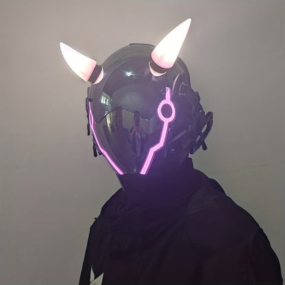 Electric Pink Punk Cosplay Mask with Helmet – Battery-Powered LED Full Face Mask for Halloween, Christmas, Easter, Rave Music Festival & Party, Unisex Adult Costume Prop, Cool Gift for Men & Women