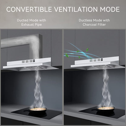 Range Hood 30 Inch Under Cabinet | Ducted & Ductless Convertible Kitchen Vent Hood with LED Light & 2-Speed Exhaust Fan, Stainless Steel – Black, White & Silver, Easy Install