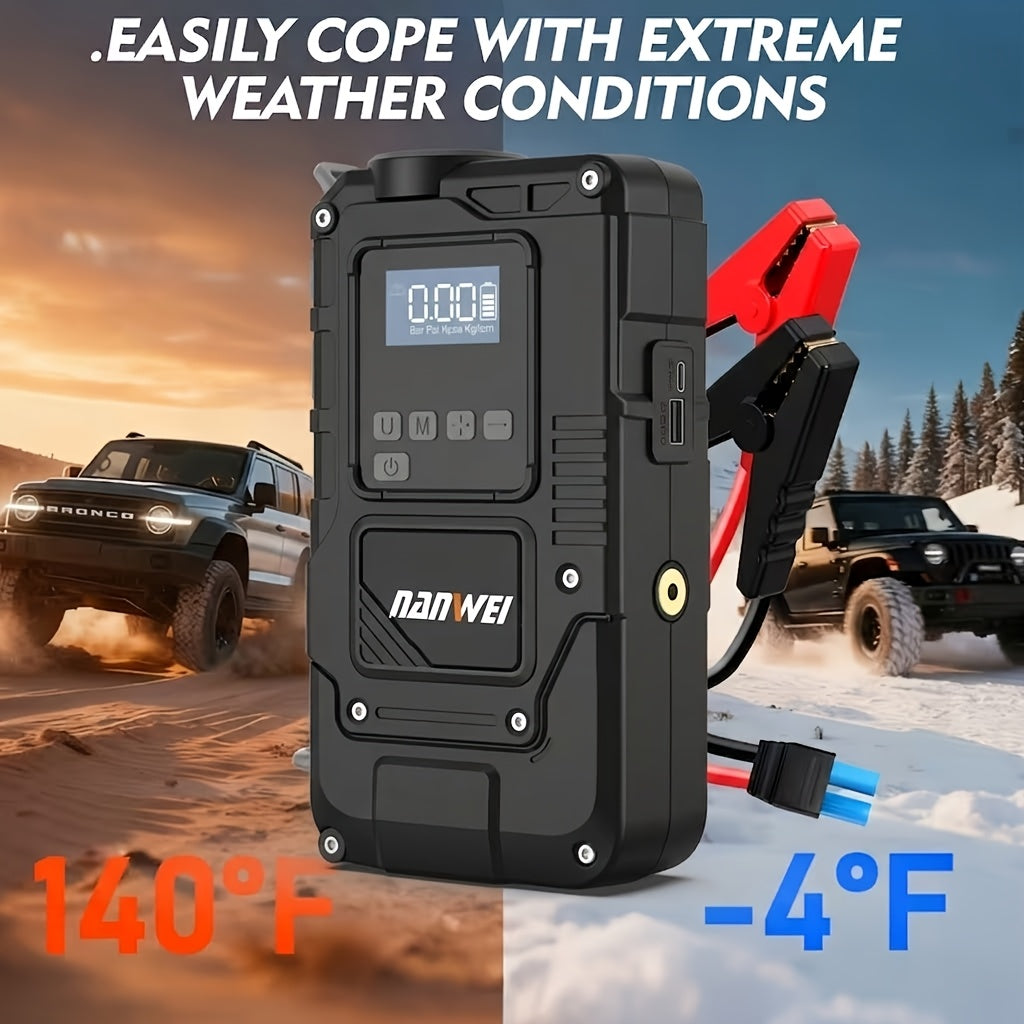 NANWEI Portable Emergency Jump Starter with Air Pump, Portable Peak Current Car Battery Jump Starter, Suitable for 12V (2.11gal Gasoline/1.72G Diesel) Cars, with USB Input/Output, LED Emergency Lighting, Car Additions Tools, And Wireless Car Air Pump