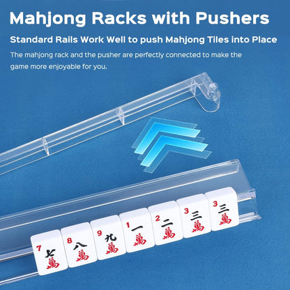Mahjong Tile Rack and Pusher Set 4pcs Clear Acrylic All-in-One with Storage Bag – Modern American Mahjong Accessories for Game Night, Transparent Tile Rack Gift