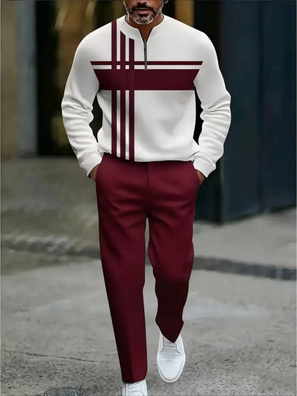 Men's Tracksuit Jacket and Pants Set - Geometric Print Cold-Weather Style