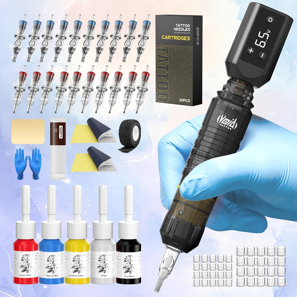 Cordless Tattoo Pen Kit Complete Set VOID 1200mAh Battery USB Type-C 20 Needles 5 Inks 40 Ink Caps Practice Skin Transfer Paper Gloves for Beginners & Professionals
