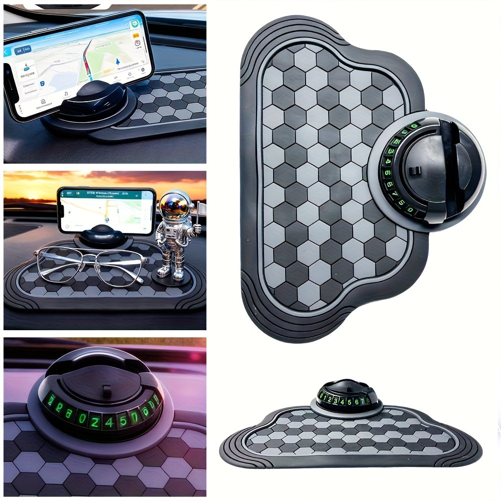 Car Dashboard Anti-Slip Pad with Phone Holder & Digital Number Plate Stickers – Multifunctional Non-Slip Dashboard Storage Mat for Car Interior Accessories
