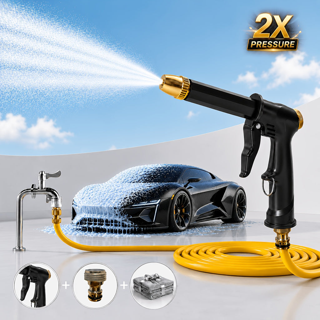 2X Pressure Car Wash Spray Gun Kit with Microfiber Towel, Metal-Look Body, 360° Adjustable Nozzle, One-Hand Lock, No Continuous Pressing, for Car, Motorcycle, Bicycle And Yard Cleaning