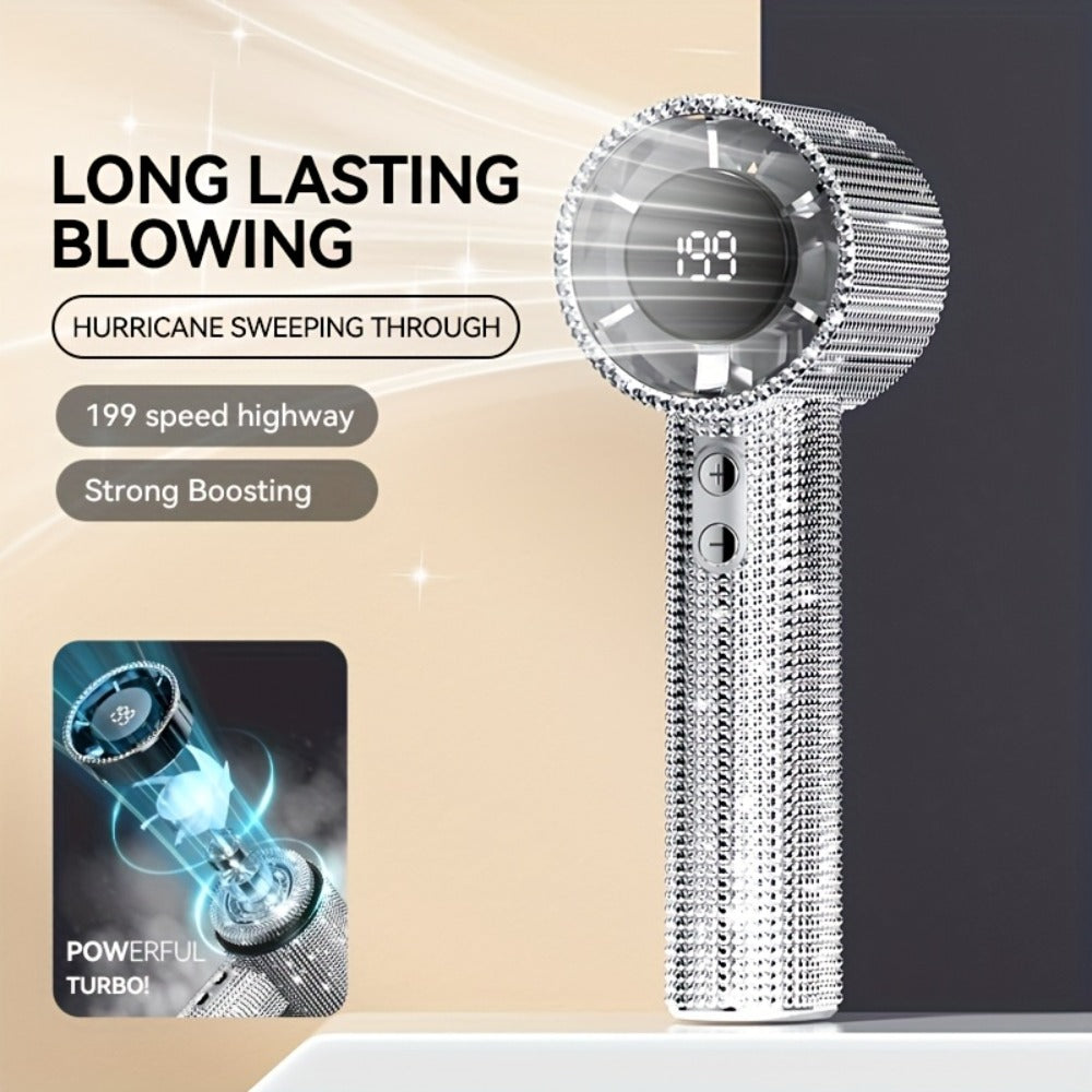 Diamond Handheld Mini Fan USB-C Rechargeable | Luxury Full Diamond Turbo Fan with Adjustable Speed, Quiet Operation & Gift Box Packaging – Portable Personal Cooling Fan for Women, Summer Gift Idea