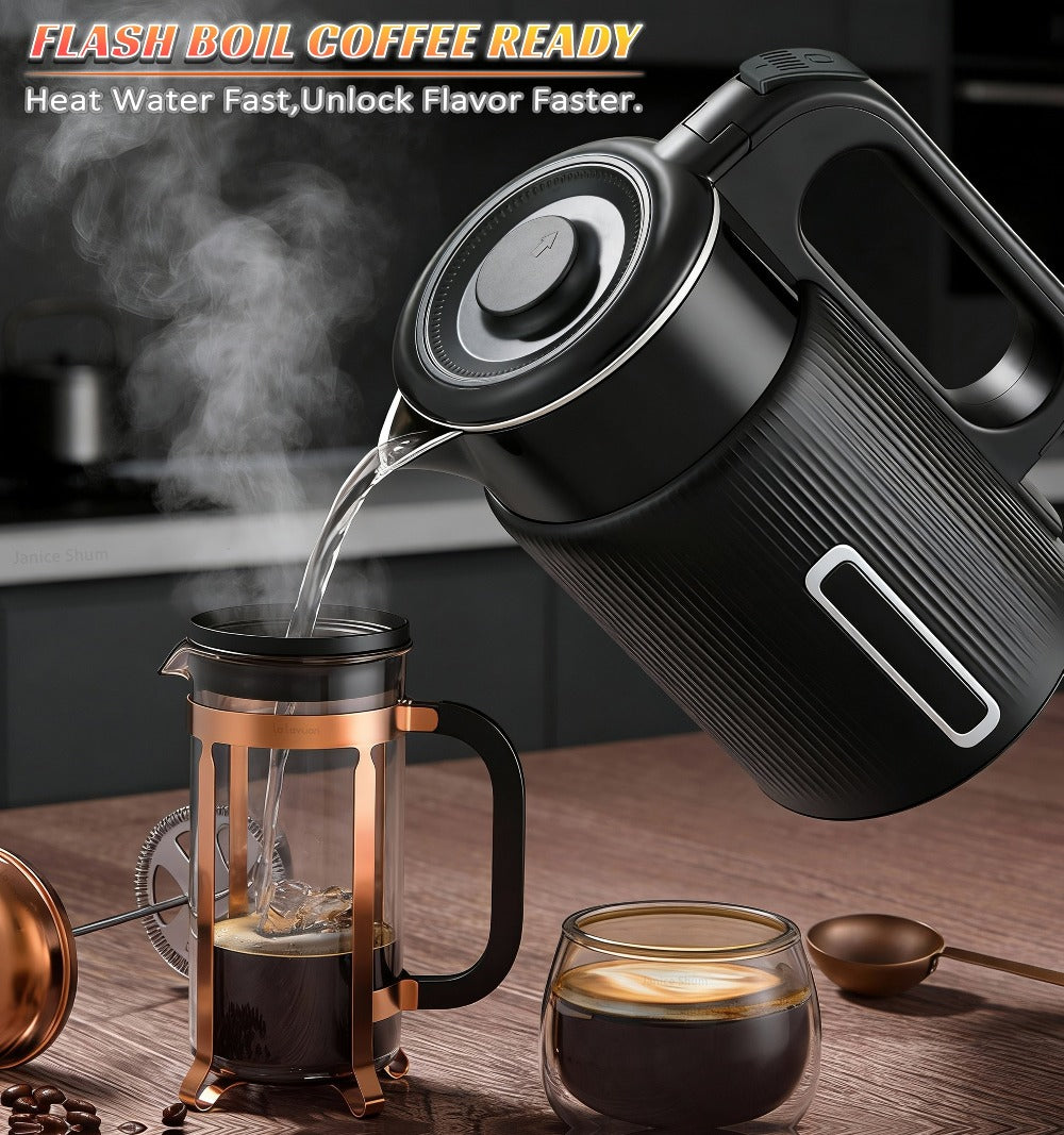 Electric Kettle 1000W Double Wall Stainless Steel – 57.48oz 304 SS Hot Water Kettle with 360° Rotary Base, LED Light, Auto Shut-Off & Boil-Dry Protection, Instant Water Warmer for Coffee & Tea – Black