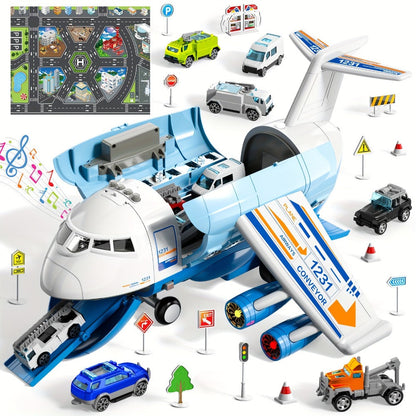 Jumbo Transport Airplane Toy for Kids with 10 Cars & Spray Mist, Cargo Plane Playset Toddler Boy Girl Birthday Gift Ages 3+