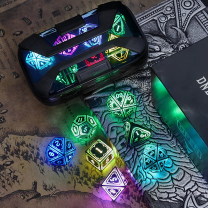 RGB LED DND Dice Set Rechargeable 7pcs – Illuminated Polyhedral Dice with Type-C Charging Case for D&D RPG Tabletop Games, Astral Shard Black, Glow in Dark Gift for Gamers