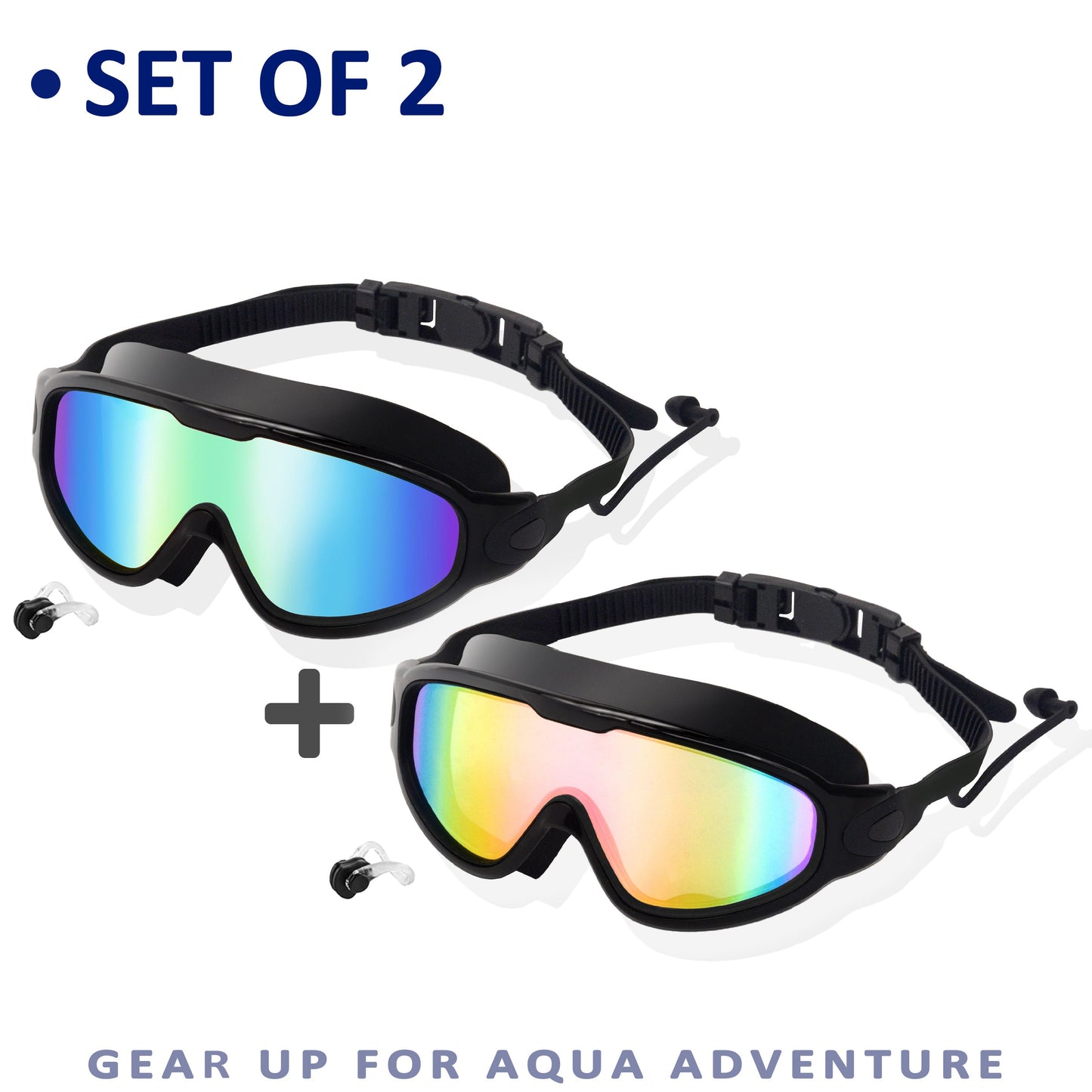 Anti-Fog Swim Goggles 2-Pack with Earplugs Nose Clip & Case, Wide Lens Leakproof