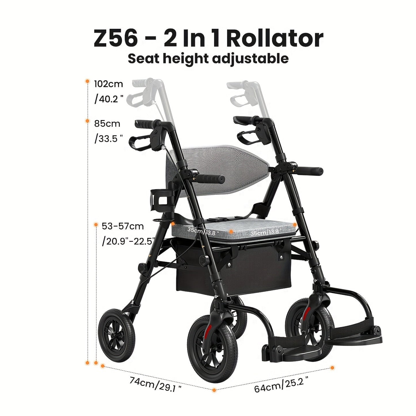 Rollator Walker for Seniors Foldable with 8-Inch Big Wheels, Durable Aluminum All-Terrain Rolling Walker with Ergonomic Backrest & Dual Adjustable Height, Upright Walker Option Available for Elderly