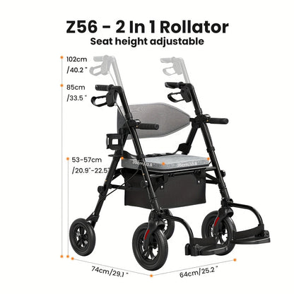Rollator Walker for Seniors Foldable with 8-Inch Big Wheels, Durable Aluminum All-Terrain Rolling Walker with Ergonomic Backrest & Dual Adjustable Height, Upright Walker Option Available for Elderly
