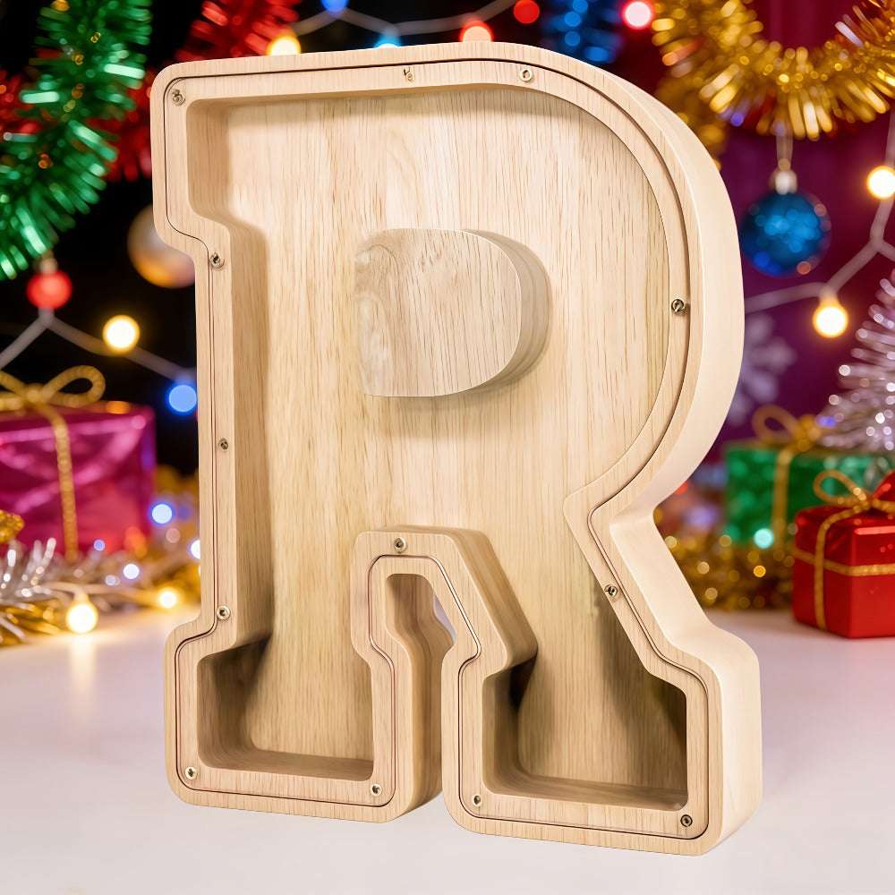 Alphabet Letter Piggy Bank A-Z Wooden Coin Bank Large Capacity Transparent – Personalized Savings Box for Kids | Back to School, Christmas & Birthday Gift