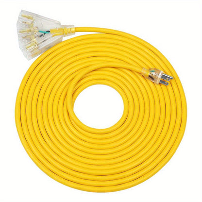 Extension Cord 25FT Heavy Duty Outdoor Indoor 14/3 SJTW Yellow 3-Outlet Tri-Tap Splitter with LED Lighted Plug 15A 1875W Grounded Power Cord for Workshop Garage Job Site Construction