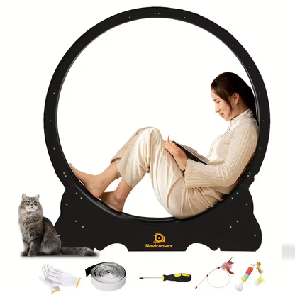 Cat Exercise Wheel 45-Inch XL Silent Running Wheel – Large Wooden Indoor Cat Treadmill with Carpeted Runway for Active Cats, Cat Fitness Wheel Gift for Cat Lovers, Wood, White & Black