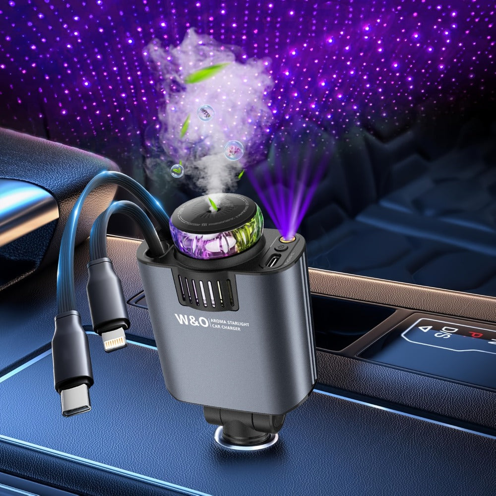 3-in-1 Car Charger Starlight Projector & Aroma Diffuser USB-C Port 2.6ft Retractable Cable Fast Charging Car Phone Charger with Blue Red Ambient Light, Multiple Scent Options for Car Interior