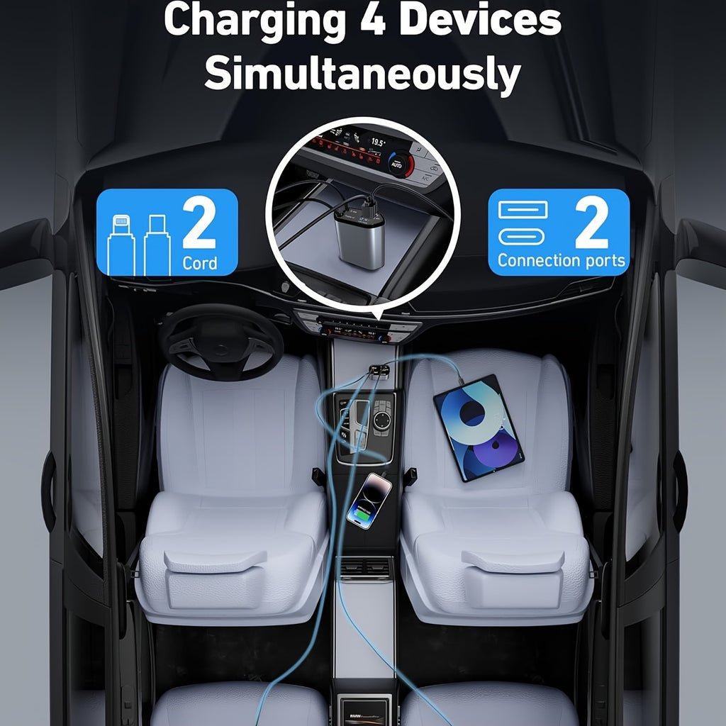 Retractable Car Charger 4in 1 Fast Car Phone Charger, Type C/IOS Car Charger Adapter with 2X Retractable Phone Charger Cables And 2X USB Ports for iPhone 15/14/13/12 Max, Samsung S24/S23, Google Smartphon