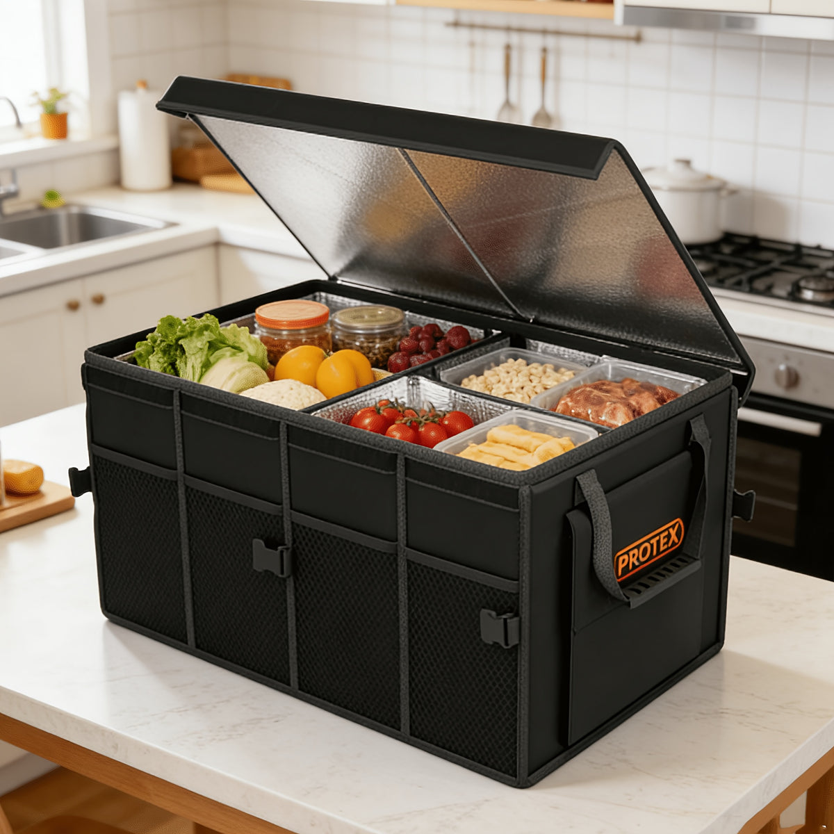 PROTEX Multifunctional Car Trunk Ice Pack (70 Liters) - Foldable with Lid, Cold And Heat Insulation, Large Capacity Organizer - Black Gray