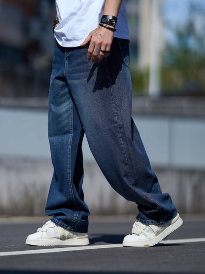 Men's Baggy Jeans - Classic Wash Clean Finish Streetwear