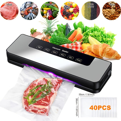 Vacuum Sealer Machine 65KPA with 40 Bags, Wet & Dry Mode, 6-in-1 Food Preservation Sealing System for Home & Kitchen