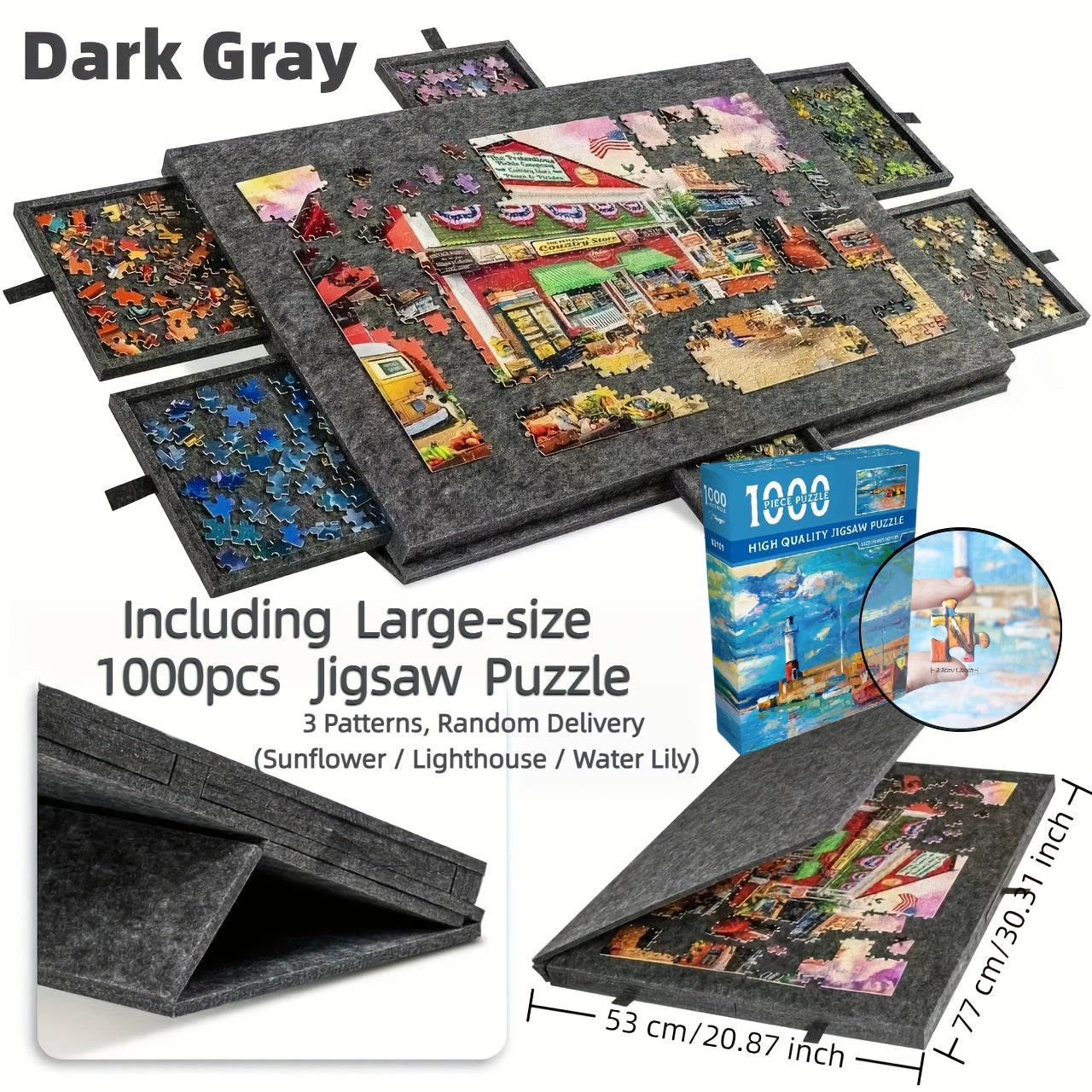 Portable Puzzle Board with Anti-Slip Surface – Fits 1000 & 1500 Piece Puzzles, Lightweight Jigsaw Puzzle Table for Storage & Family Game Night, Dark Gray / Light Gray, 30x21" or 35x24"