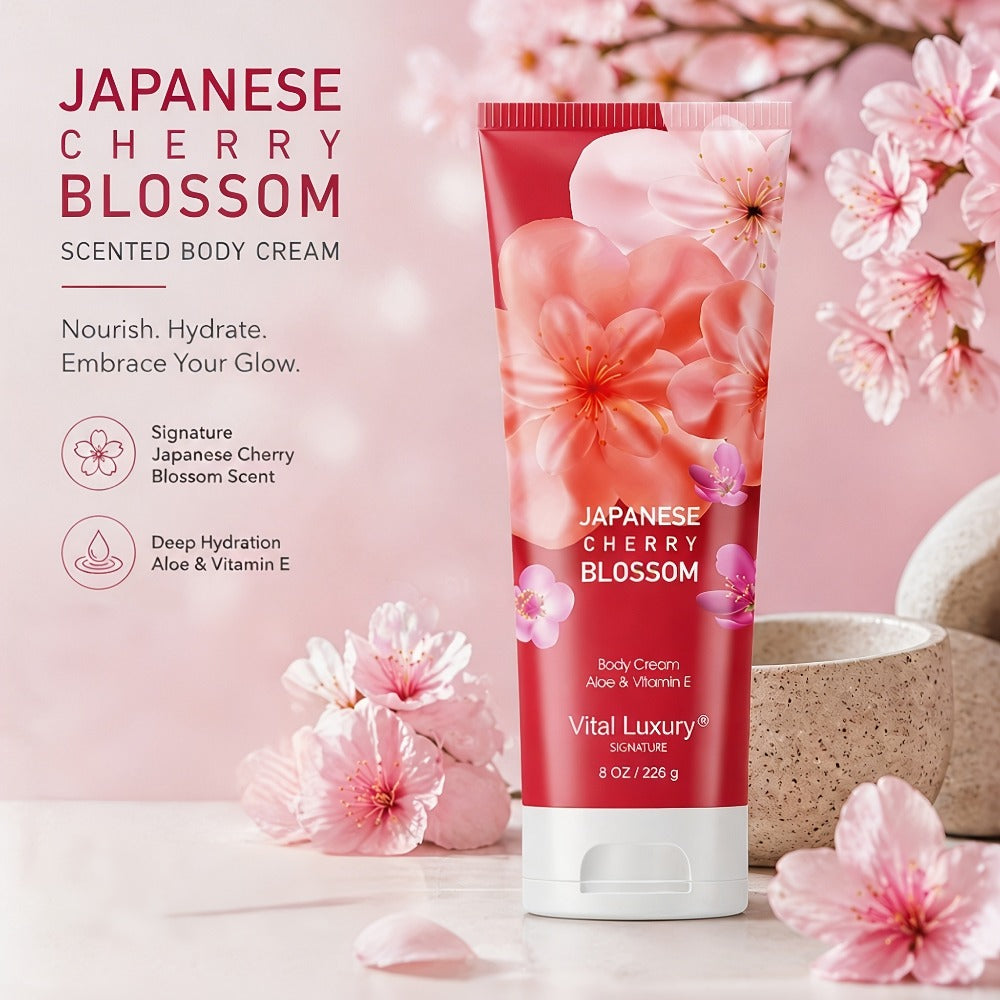 Cherry Blossom Body Lotion 8oz – Vitamin E & Glycerin Moisturizing Cream Non-Sticky 12-Hour Hydration Nourishing Day & Night Skin Care for All Skin Types Women