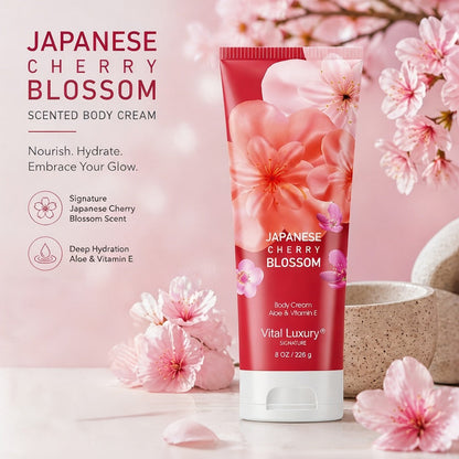Cherry Blossom Body Lotion 8oz – Vitamin E & Glycerin Moisturizing Cream Non-Sticky 12-Hour Hydration Nourishing Day & Night Skin Care for All Skin Types Women
