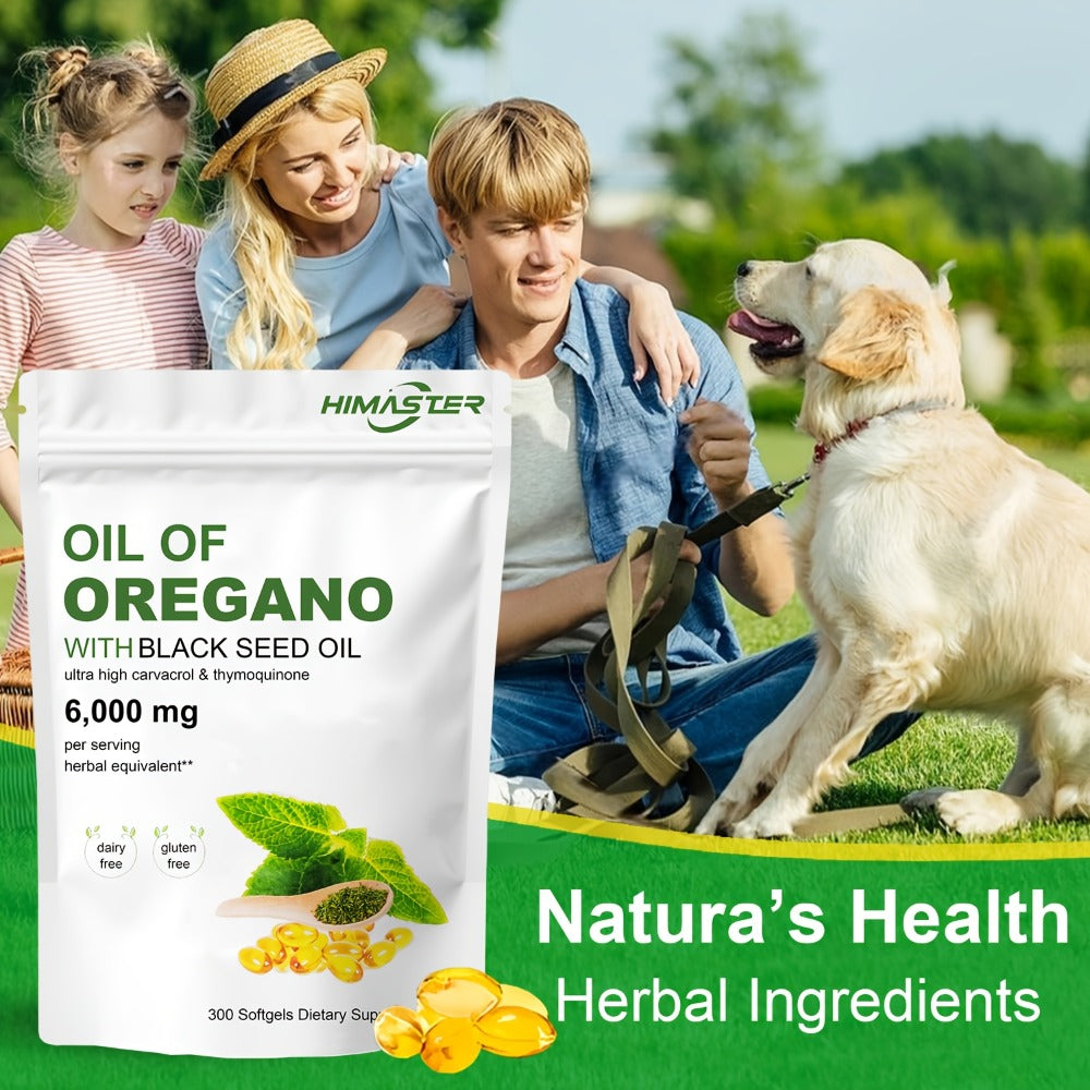 High Potency Oregano Oil Supplement 6000mg 20:1 Extract with Black Seed Oil – 2-in-1 Antioxidant & Immune Support Formula – Carvacrol & Thymoquinone – Plant-Based Herbal Softgels – 300 Count Per Bag