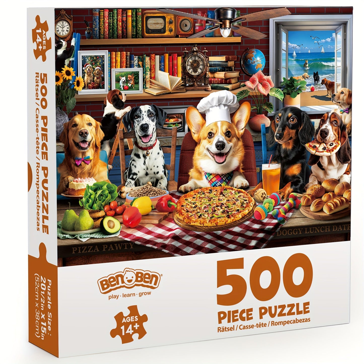 Dogs Dinner Party Jigsaw Puzzle 500 & 1000 Pieces for Adults – Funny Dog Art Puzzle with Letters on Back & Reference Poster, Family Game Night Gift for Dog Lovers Christmas Birthday Thanksgiving