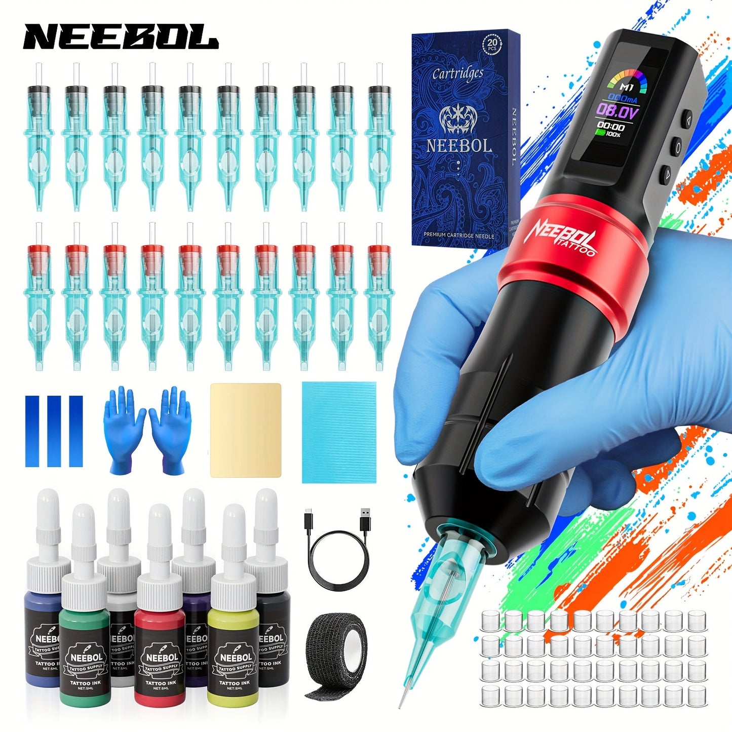 Cordless Rotary Tattoo Machine Kit Complete Set with Screen Display 6-8Hr Battery 20 Needles 7 Inks – Wireless Tattoo Pen for Beginners & Professional Artists Home Studio Red Pink Black