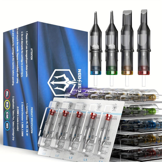 Round Liner Tattoo Cartridge Needles 50pcs Assorted - #10 Bugpin & #12 Standard 3RL 5RL 7RL 9RL 11RL Long Taper Membrane Safety EO Sterilized, for Fine Line Script PMU & All Rotary Tattoo Machines V2