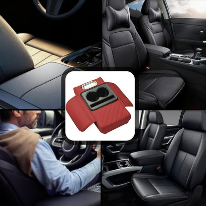 Car Armrest Box Cover PU Leather Center Console Mat – 2 Side Pockets 2 Cup Holders Tissue Storage, Universal Fit Most Car Models, Multi-Function Interior Organizer for Women