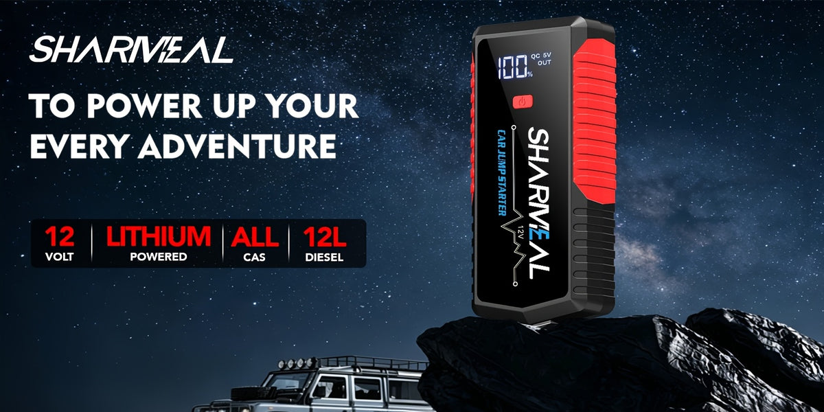 SHARMEAL 9-In-1 Portable Car Battery Jump Starter And Window Breaker Hammer with Built-In 3-Mode LED Flashlight And Heavy-Duty Jumper Cables, Ideal for Cars, Suvs, Trucks, Rvs