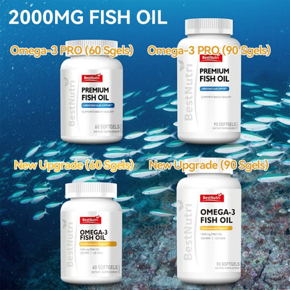 Omega-3 Fish Oil 2000mg Softgels with EPA & DHA — Cold-Extracted CGMP Certified | Brain Vitality Heart Health Anti-Inflammatory Support | For Adults & Young Adults | 60 or 90 Softgels