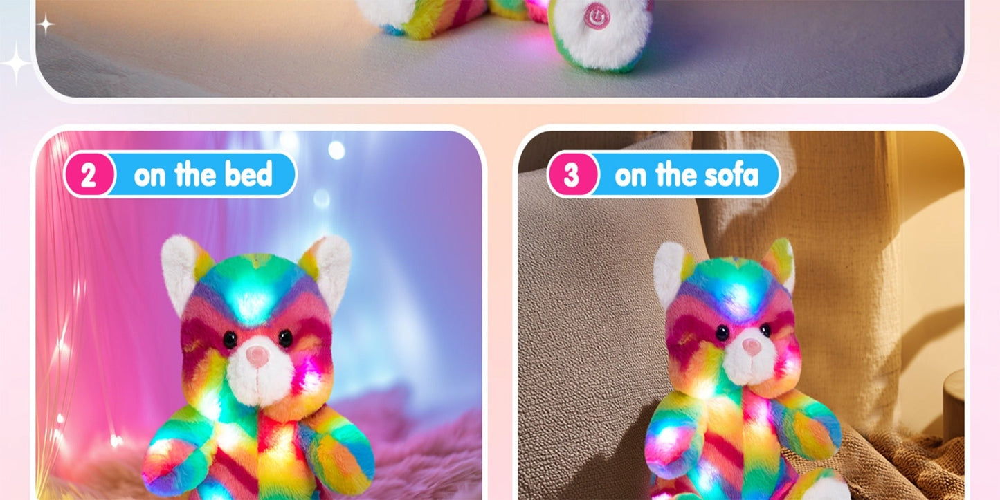 Glow in the Dark Rainbow Cat Plush Toy with Music — Kawaii Glowing Kitty Stuffed Animal Night Light Companion for Kids Girls, Birthday Mother's Day Christmas Valentine Gift for Cat Lovers