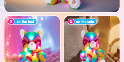 Glow in the Dark Rainbow Cat Plush Toy with Music — Kawaii Glowing Kitty Stuffed Animal Night Light Companion for Kids Girls, Birthday Mother's Day Christmas Valentine Gift for Cat Lovers