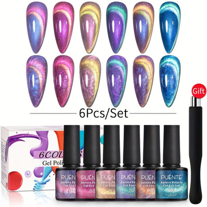 Cat Eye Gel Nail Polish Set 6Pcs 9D Aurora Magnetic Glitter Pearl Shell Effect – Soak-Off Semi-Permanent UV LED Gel Varnish Nail Art Kit for Home Salon Manicure Gift for Women